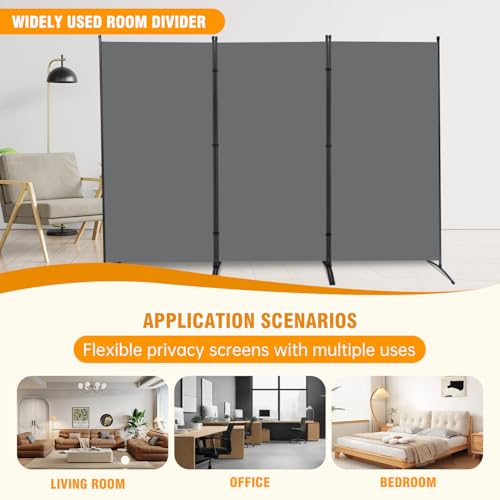 Room Divider Screen 3 Panel Folding Partition with Metal Frame, Grey M4968
