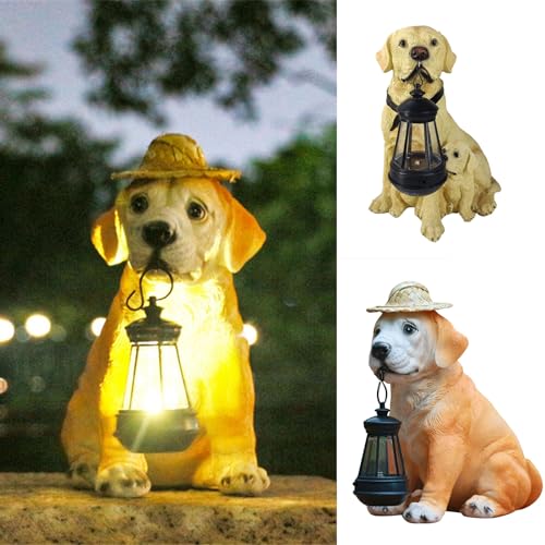 Dog Statue Outdoor Garden Decor with Straw Hat and Solar Lantern W89007