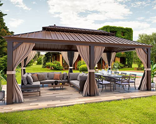 12x16 ft Hardtop Gazebo with Galvanized Steel Roof, Curtains and Netting V821