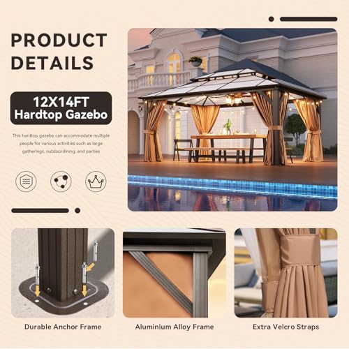12x16 Hardtop Gazebo with Netting and Curtains, Aluminum Frame, Polycarbonate Roof N71921