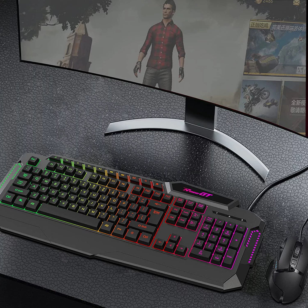 Gaming Keyboard, 114 Keys Full Size Wired Rainbow LED Backlit Quiet Computer Keyboard with Wrist Rest, Black R563