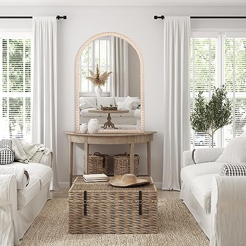 24"x36" Arch Wall Mirror with White Wooden Beads, Rustic Distressed S935