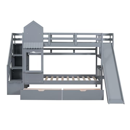 Twin Over Twin Bunk Bed with Stairs and Slide, Solid Wood Frame with Storage Y2445