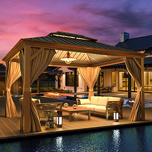 12x16 ft Hardtop Gazebo with Galvanized Steel Roof, Curtains and Netting V821