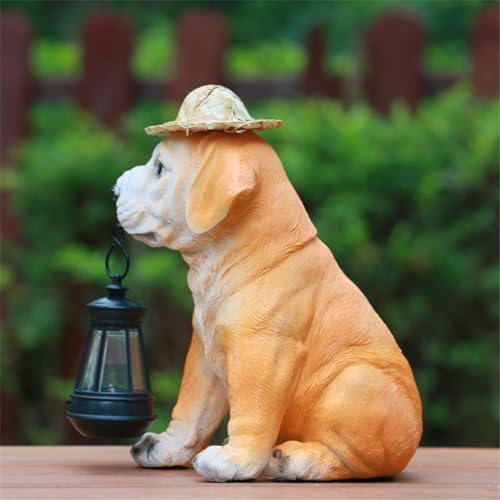 Dog Statue Outdoor Garden Decor with Straw Hat and Solar Lantern W89007