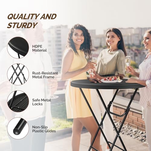Folding Round Bar Table, HDPE Top with Gray Metal Finish, Black F15045