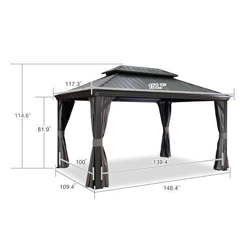 10' x 14' Permanent Hardtop Gazebo with Galvanized Steel Double Roof, Curtains and Netting Included M96664