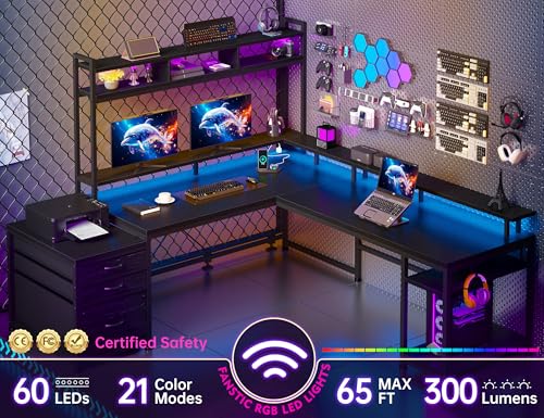 L Shaped Gaming Desk with Storage Shelves and LED Light U926701