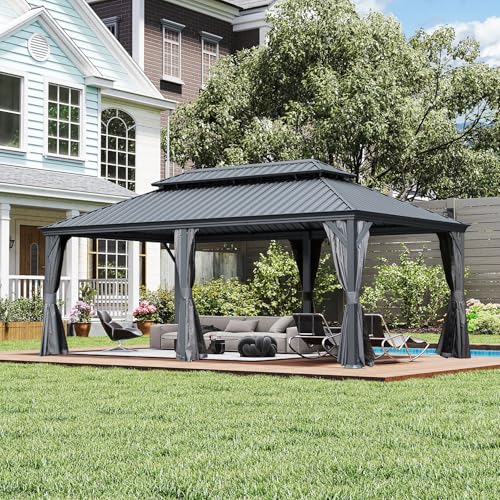 10 x 10 ft Hardtop Gazebo with Netting and Curtains, Galvanized Steel Roof for Patio and Garden X50618