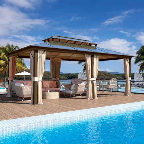 10'x13' Hardtop Gazebo with Polycarbonate Double Roof, Aluminum Frame, Curtains and Netting N263