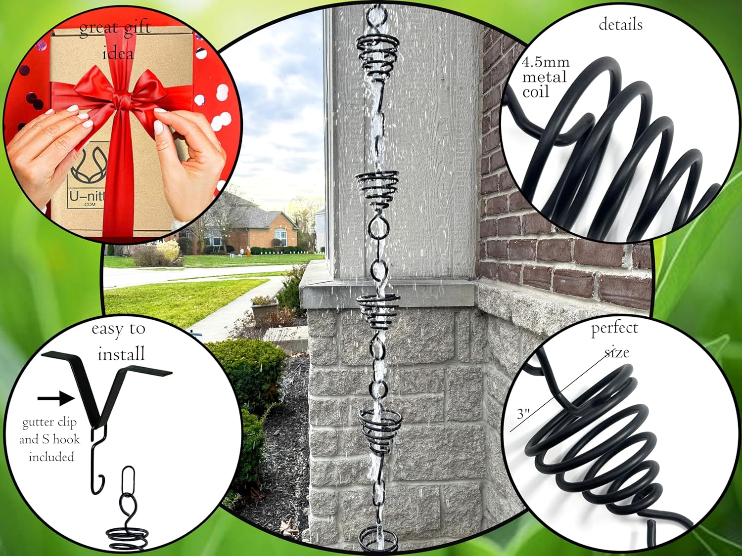 Rain Chain for Gutter Downspout, 8.5 FT, Black Powder Coated Metal O3216