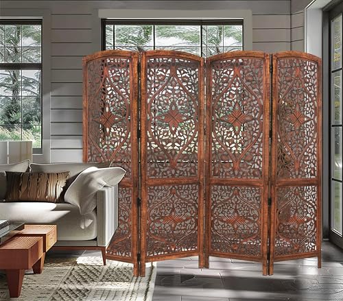 4 Panel Folding Wood Room Divider, Antique Brown, 72 x 80 L396608