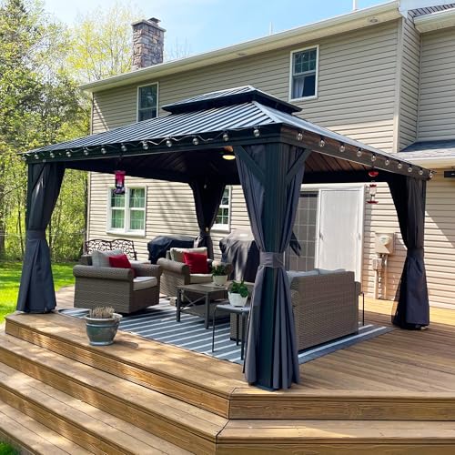10' x 14' Permanent Hardtop Gazebo with Galvanized Steel Double Roof, Curtains and Netting Included M96664