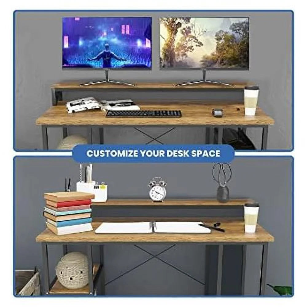 Industrial Computer Desk with Monitor Shelf, 55 Inch, Walnut and Black G1348