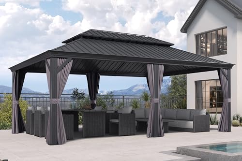 10' x 14' Permanent Hardtop Gazebo with Galvanized Steel Double Roof, Curtains and Netting Included M96664