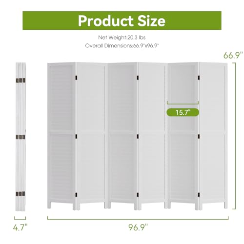 6 Panel Wood Room Divider Freestanding White 5.57 FT S6393