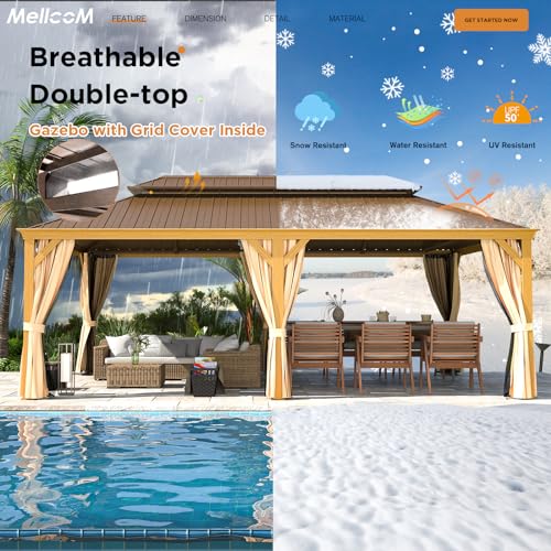 12x16 ft Hardtop Gazebo with Galvanized Steel Roof, Curtains and Netting V821
