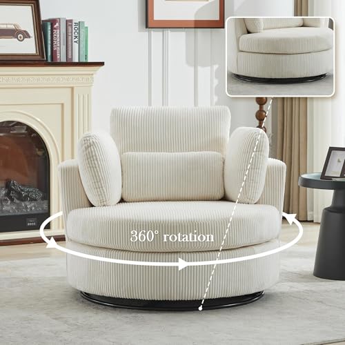 Oversized Swivel Barrel Chair with Ottoman, Chenille, Beige X252712