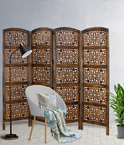 4 Panel Folding Wood Room Divider, Antique Brown, 72 x 80 L396608