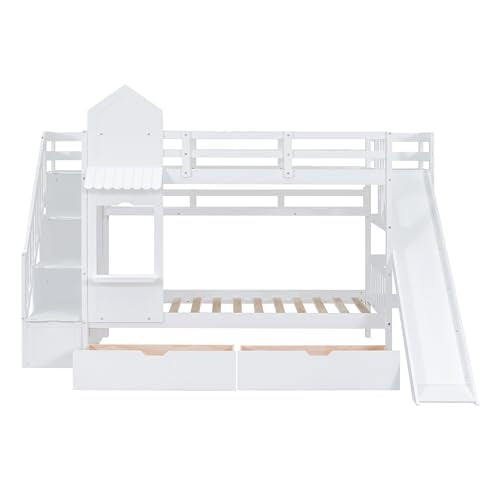 Kids Bunk Bed with Stairs and Slide, Twin Over Twin, Gray E77813
