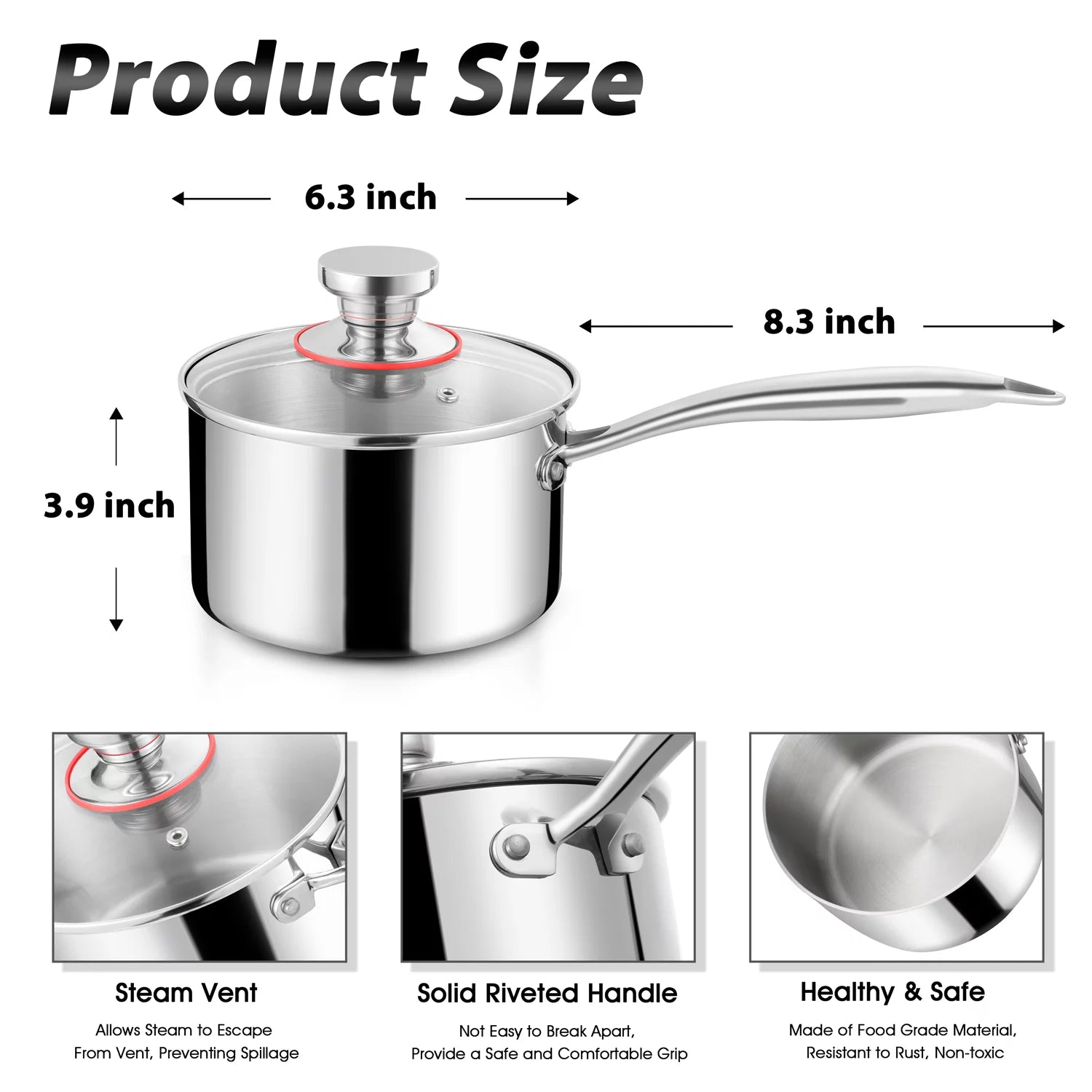 2 Quart Saucepan with Glass Lid, Tri-Ply Stainless Steel Milk Pan L51497