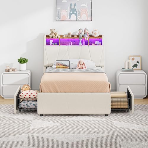 Twin Bed Frame with 2 Storage Drawers, Charging Station & LED Lights, Upholstered Platform Bed, Beige Q69205