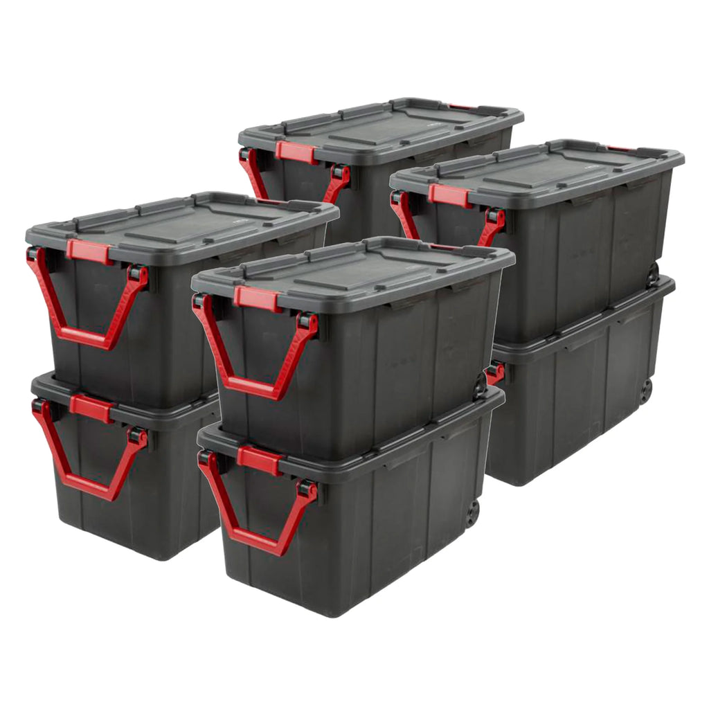 Sterilite Durable 40 Gallon Wheeled Industrial Storage Tote, Black (8 Pack)
