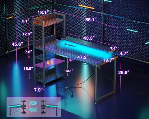 Reversible Gaming Desk with USB Charging Port and LED Lights, 40 Inch Computer Desk with Storage Shelves C134