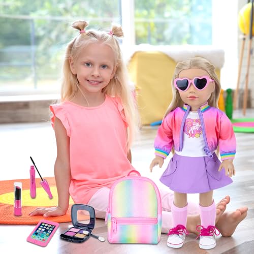 18 Inch Doll Clothes and Makeup Accessories Set with Rainbow Backpack W61542