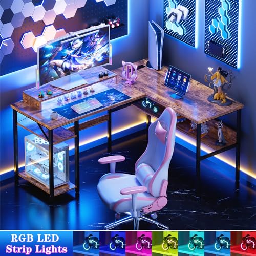 Reversible L Shaped Desk with Power Outlets and LED Light, Corner Computer Desk with Monitor Stand and Storage Shelves, Black D613