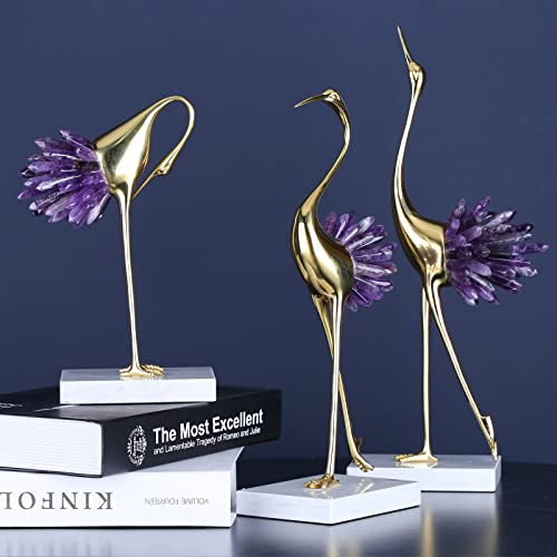 Gold Crane Bird Statue with Crystal Tail Accents, Brass Figurine for Home Decor P83593