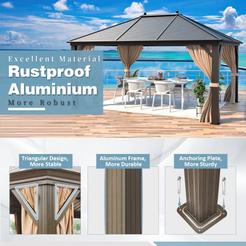 12x16 ft Hardtop Gazebo with Galvanized Steel Roof, Curtains and Netting V821