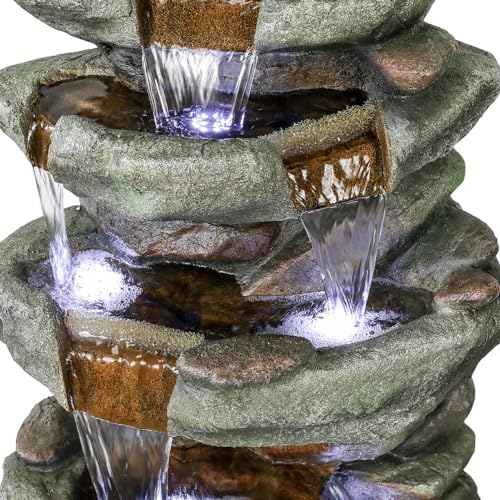40" High 6-Tier Cascading Rock Outdoor Water Fountain with LED Lights for Garden Patio Yard Decor P631596