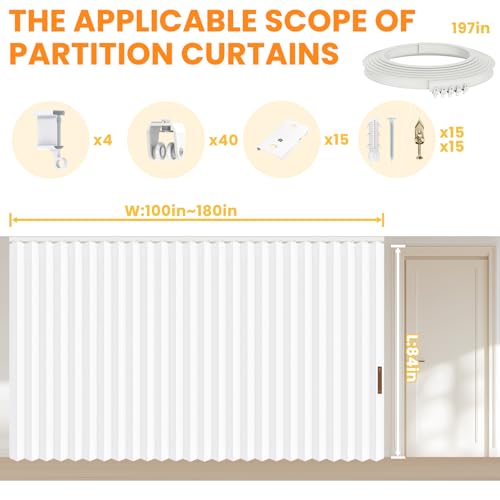 Accordion Room Divider Curtains with Ceiling Track, Grey, W100 x L84 J296
