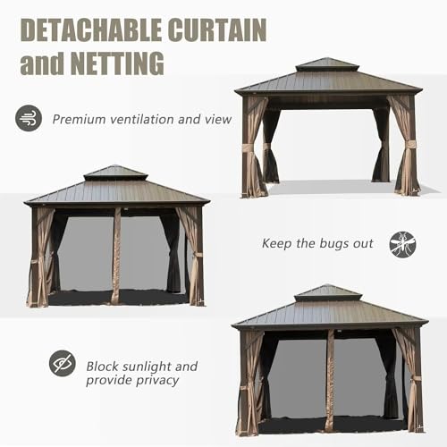 10 x 10 ft Hardtop Gazebo with Netting and Curtains, Galvanized Steel Roof for Patio and Garden X50618