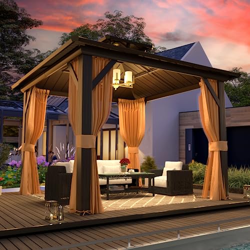 10'x13' Hardtop Gazebo with Polycarbonate Double Roof, Aluminum Frame, Curtains and Netting N263