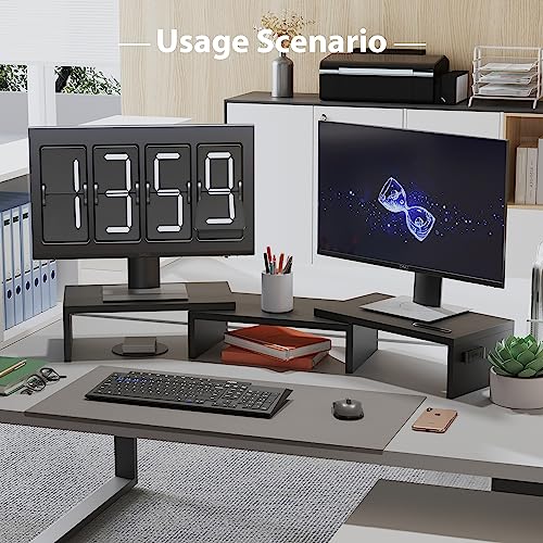 Dual Monitor Stand Riser with Smartphone Holder, Adjustable Wooden Desktop Organizer P70793
