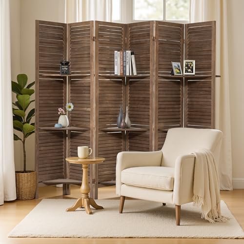 6 Panel Wooden Room Divider with Shelves B102027