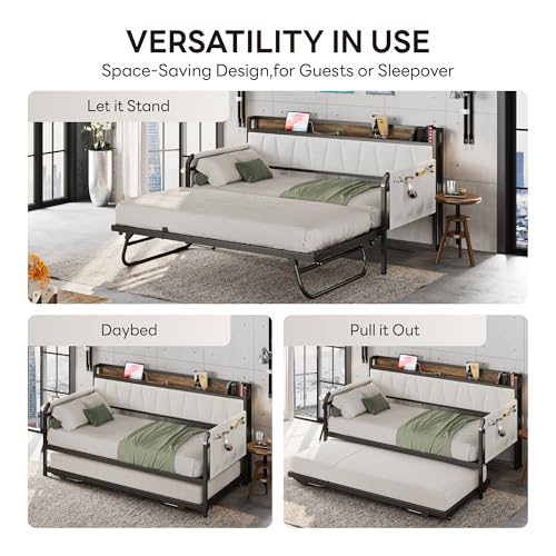 Daybed with Trundle and Storage Headboard, Twin Size, Grey M473750