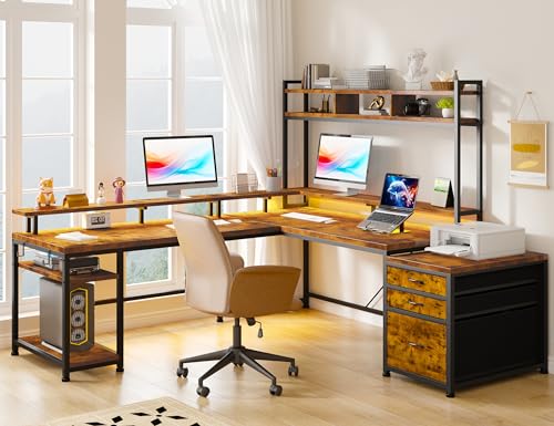 L Shaped Gaming Desk with Storage Shelves and LED Light U926701