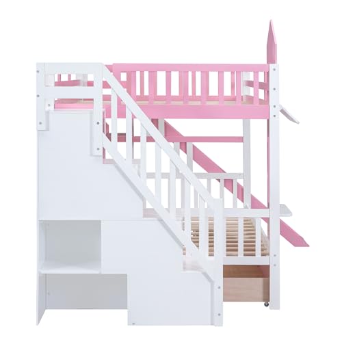 Twin Over Twin Bunk Bed with Stairs and Slide, Solid Wood Frame with Storage Y2445