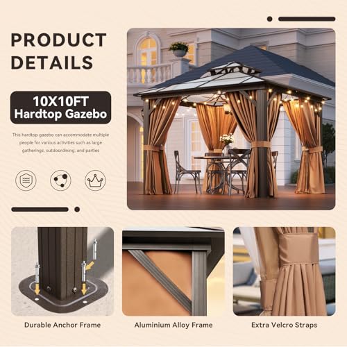 12x16 Hardtop Gazebo with Netting and Curtains, Aluminum Frame, Polycarbonate Roof N71921