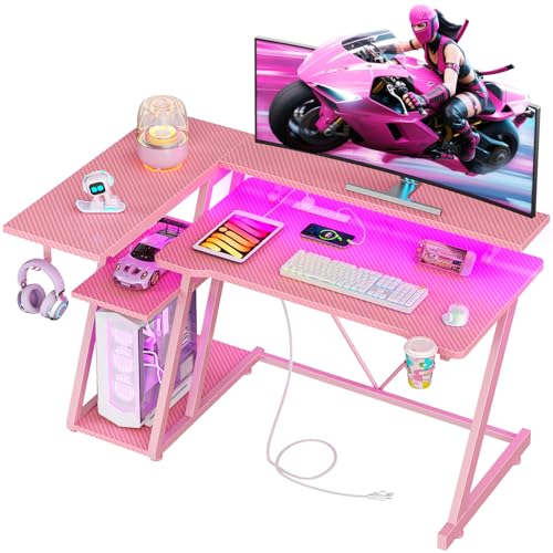 L Shaped Gaming Desk with Power Outlet and LED Lights T64283