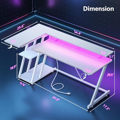 L Shaped Gaming Desk with Power Outlet and LED Lights T64283