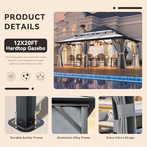 12x16 Hardtop Gazebo with Netting and Curtains, Aluminum Frame, Polycarbonate Roof N71921