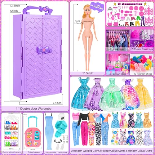 105 Pcs Doll Wardrobe Playset with Doll, Clothes, Shoes and Hangers N690