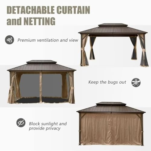 10 x 10 ft Hardtop Gazebo with Netting and Curtains, Galvanized Steel Roof for Patio and Garden X50618