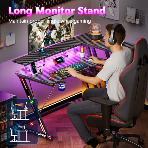 L Shaped Gaming Desk with Power Outlet and LED Lights T64283