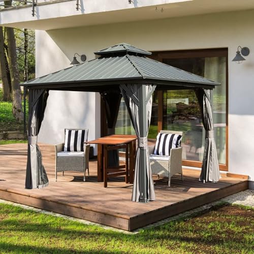 10 x 10 ft Hardtop Gazebo with Netting and Curtains, Galvanized Steel Roof for Patio and Garden X50618