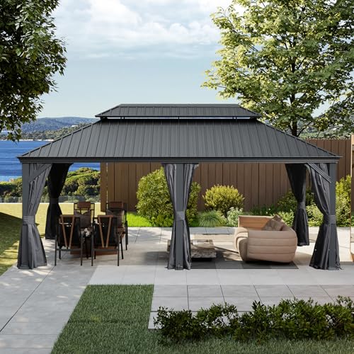 10 x 10 ft Hardtop Gazebo with Netting and Curtains, Galvanized Steel Roof for Patio and Garden X50618